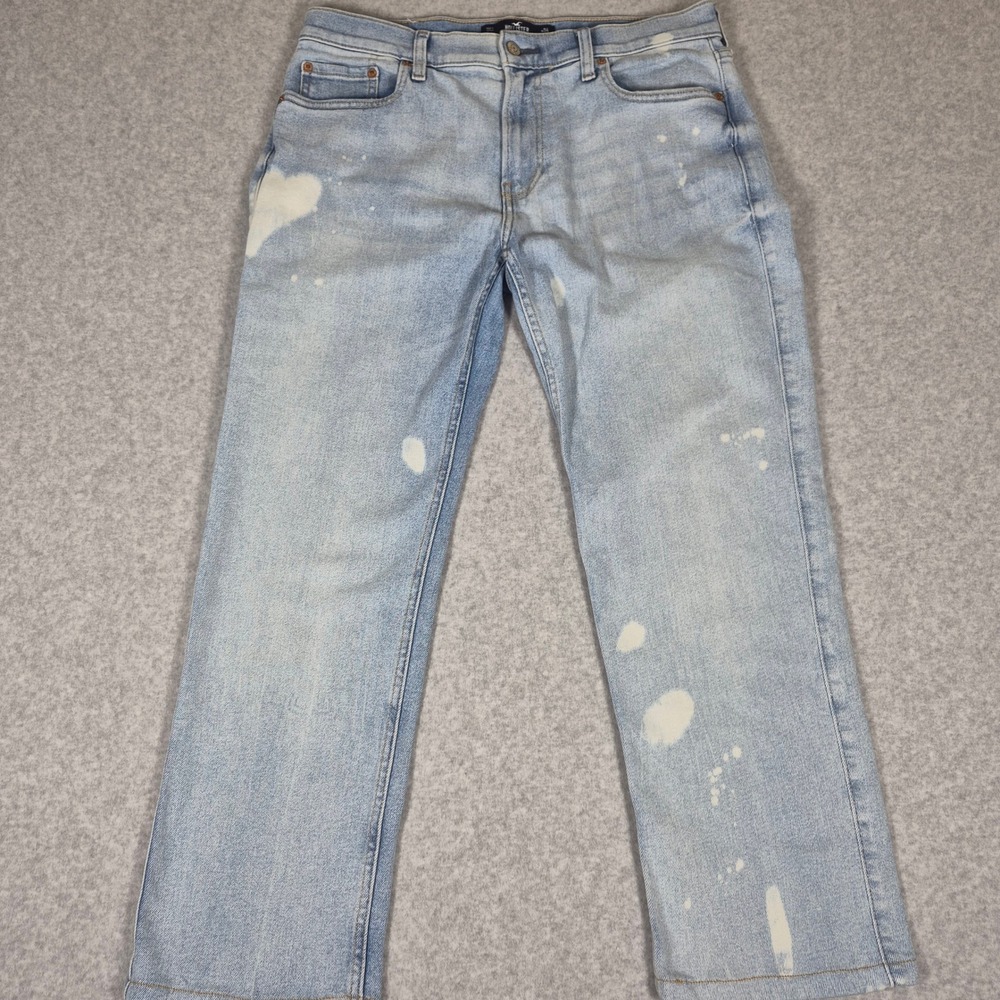Hollister Straight Jeans Mens 34x28.5 Light Blue Bleached Stretch Hemmed